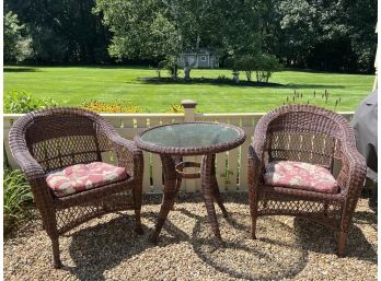 CONTEMPORARY RESIN WICKER TABLE w/ (2) CHAIRS