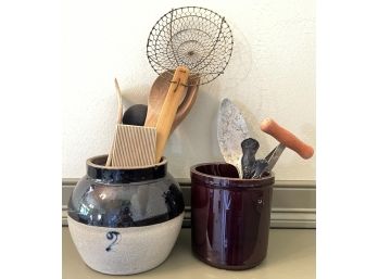 (2) PIECES VINTAGE STONEWARE w/ UTENSILS