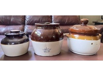 (3) VINTAGE STONEWARE COVERED BEAN POTS