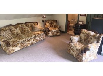 VINTAGE UPHOLSTERED SOFA AND (2) EASY CHAIRS