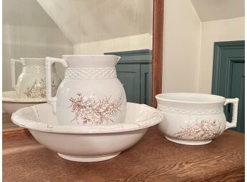 VINTAGE IRONSTONE PITCHER, BASIN AND CHAMBER POT