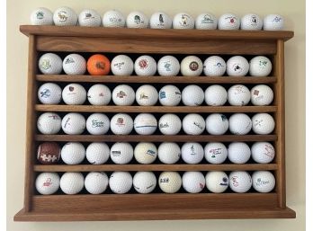 GOLF BALL DISPLAY SHELF w/ MANY LOGO BALLS, ETC