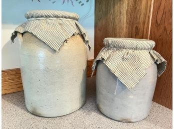 (2) ANTIQUE SALT GLAZED STONEWARE CROCKS