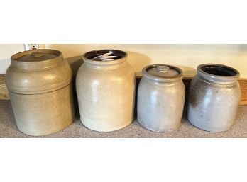 (4) VINTAGE SALT GLAZED STONEWARE CROCKS