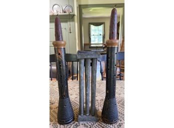 TIN CANDLE MOLD w/ PAIR YARN SPOOL CANDLE STICKS