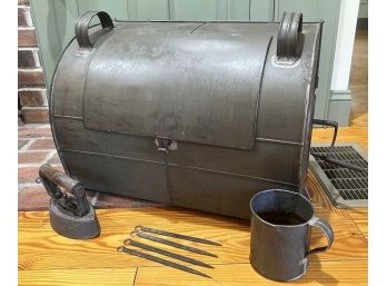 ANTIQUE TIN REFLECTOR OVEN, MUG, IRON, (5) SKEWERS