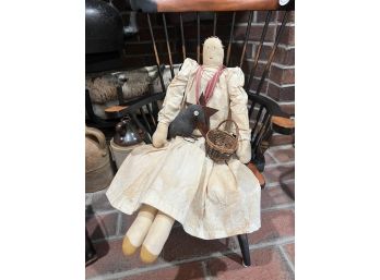 VINTAGE CLOTH DOLL, BIRD AND MINIATURE BASKET