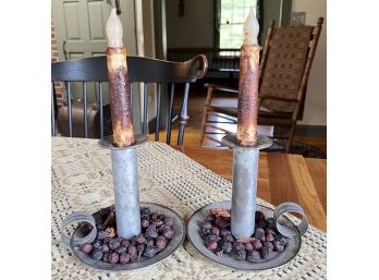 PAIR OF VINTAGE TIN CHAMBER STICK LAMPS