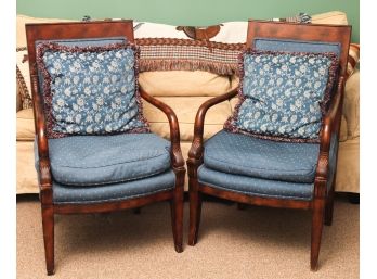 PAIR OF CARVED MAHOGANY UPHOLSTERED ARMCHAIRS