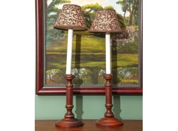 PAIR OF TURNED MAHOGANY TABLE LAMPS