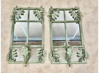 PAIR OF WROUGHT IRON MIRRORED WALL SCONCES