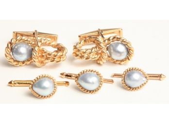 14k GOLD & PEARL CUFFLINK & STUD SET