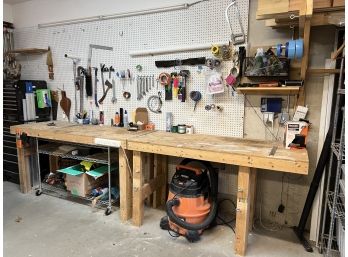 (2) WORK BENCHES, WIRE RACK & PEG BOARD TOOLS