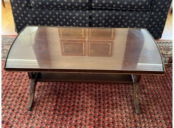 DIMINUTIVE MAHOGANY GLASS TOP COFFEE TABLE