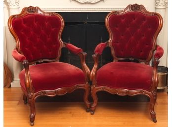 PAIR OF VICTORIAN CARVED WALNUT PARLOR CHAIRS