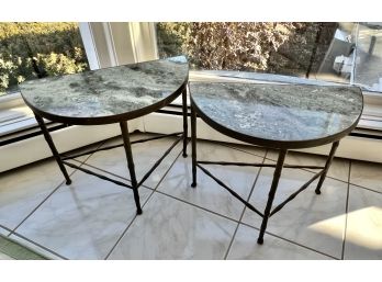 PAIR OF FAUX BAMBOO & MARBLE DEMILUNE STANDS