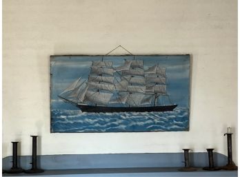 (19thC) FOLK ART 'THREE MASTED SHIP' OIL ON CANVAS