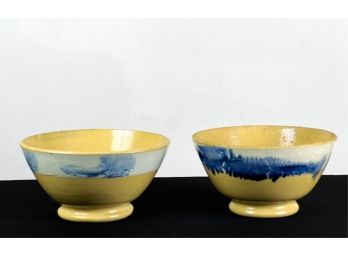 (2) SEAWEED DECORATED YELLOW WARE FOOTED BOWLS