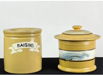 (2) YELLOW WARE CANISTERS: RAISINS & SEAWEED