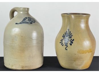 (2) COBALT DECORATED STONEWARE PIECES