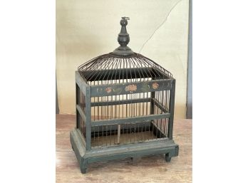 VINTAGE PAINT DECORATED WIRE BIRD CAGE