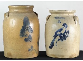 (2) STONEWARE (3) GALLON COBALT DECORATED JARS