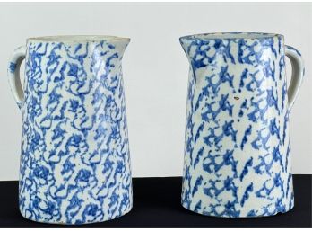 (2) SPONGEWARE DECORATED WATER PITCHERS