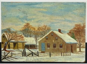 PRIMITIVE OIL ON BOARD 'FARM IN WINTER'