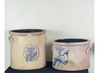 (2) COBALT DECORATED STONEWARE CROCKS