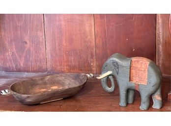 BOWL w EBONY HANDLES & PAINTED PINE ELEPHANT