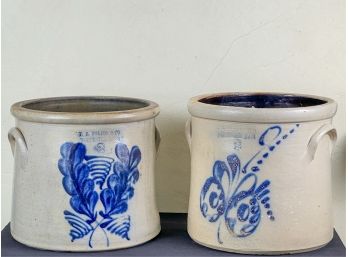 (2) F.B. NORTON COBALT DECORATED STONEWARE CROCKS