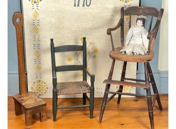 HIGH CHAIR, DOLL, SISTER STOOL & CHILDS CHAIR