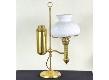 BRASS STUDENTS LAMP w SWIRLED GLASS SHADE