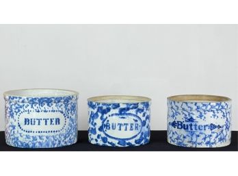 (3) SPONGEWARE DECORATED STONEWARE BUTTER CROCKS