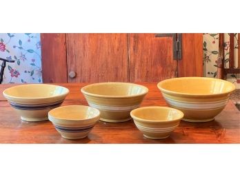 GROUP (5) SIMILAR BLUE BANDED YELLOW WARE BOWLS