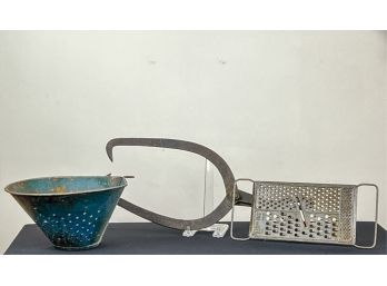 ICE TONGS, BLUE PAINTED SIEVE & GRATER