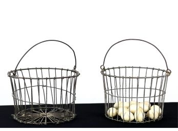 (2) WIRE EGG BASKETS w PAINTED WOODEN EGGS