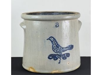 (3) GALLON STONEWARE CROCK w COBALT DECORATED BIRD