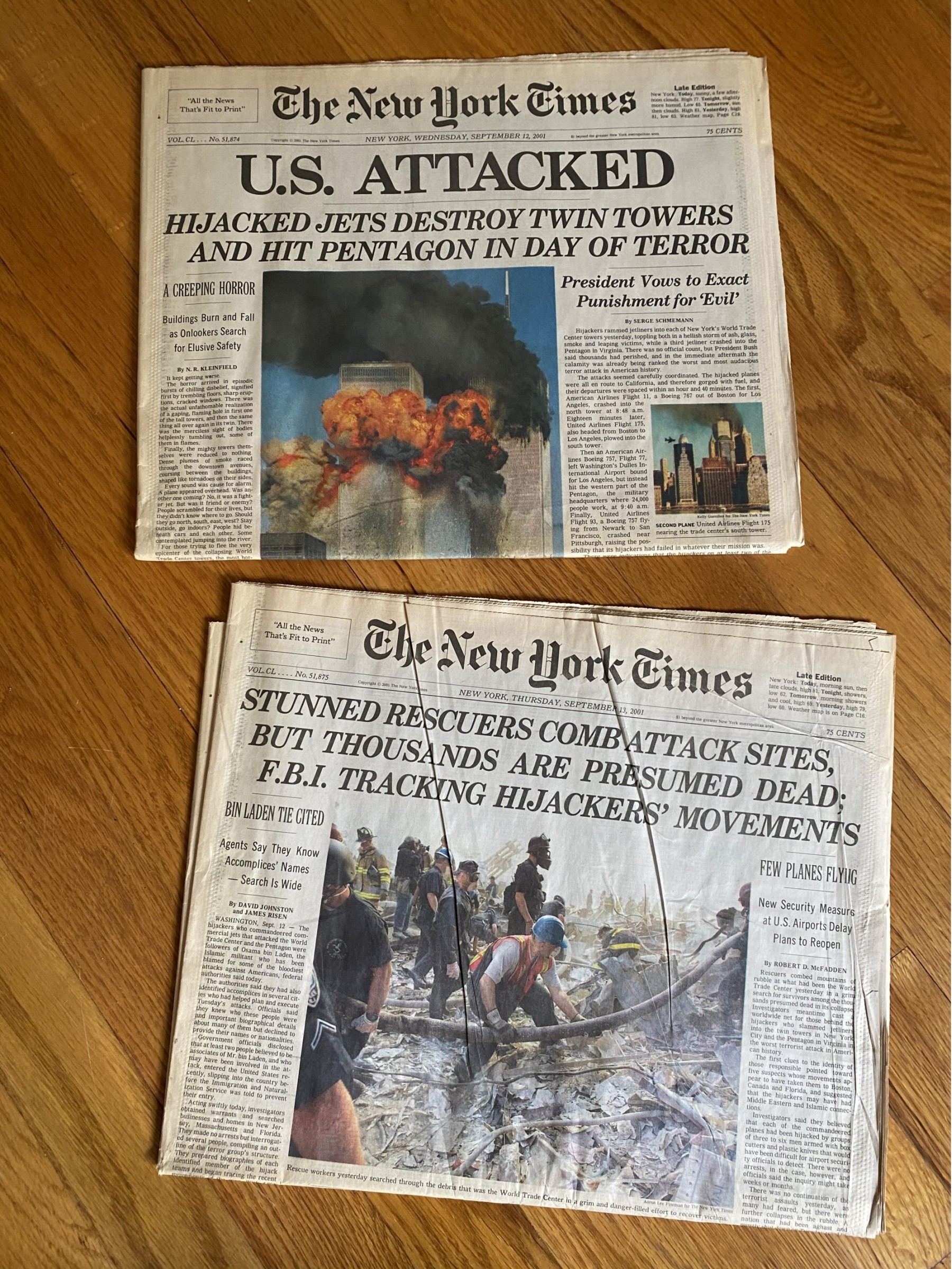 Lot Of Two New York Times 911 NYC World Trade Center Newspapers