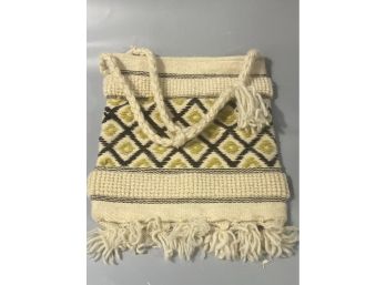 Vintage Woven Wool Tapestry Bag With Fringe