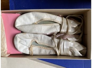 Vintage White Leather Ballet Slippers With Ribbons Adult Ladies SIze 7
