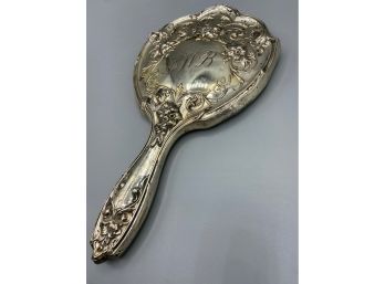 Victorian Sterling Silver Vanity Hand Mirror Ornate Monogram