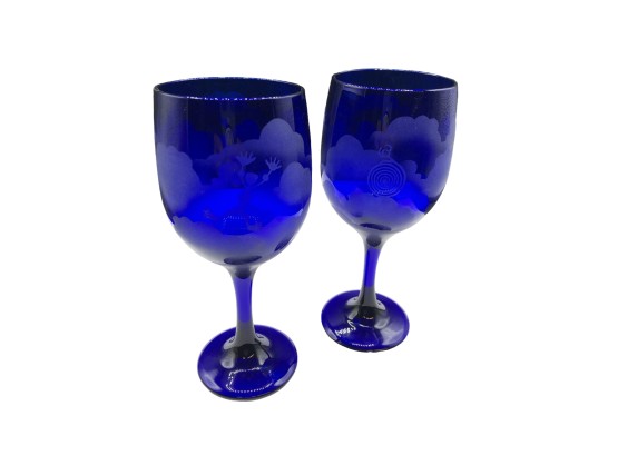 Pair Of Cobalt Blue Wine Glasses, Etched Animal/Tribal? Design, 7' Tall