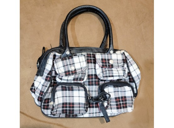 Stylish Black And White Plaid Handbag With Multiple Pockets And Leather Accents