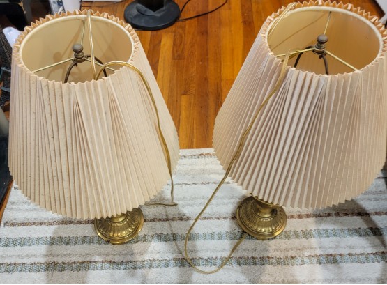 Pair Of Vintage Brass Table Lamps With Pleated Fabric Lampshades - Elegant Home Decor