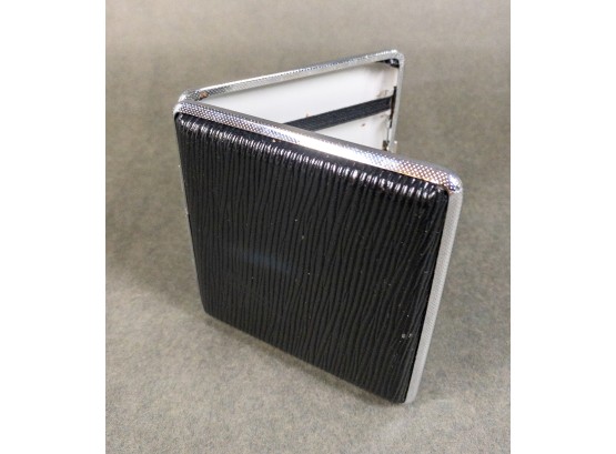 Vintage Metal Cigarette Case With Black Faux Leather Exterior And Silver Detailing