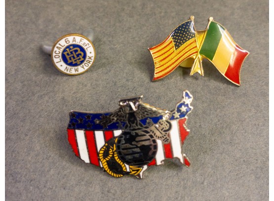 Unique Collection Of Vintage Pins: Local 6 AFL New York, Dual Flag Pin, USA Military Emblem
