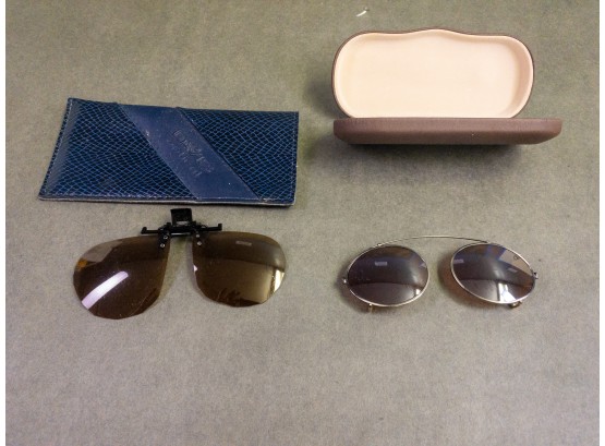 Vintage Metal Frame Sunglasses With Clip-On Brown Lenses And Leather Case - MDD Auctions 9359