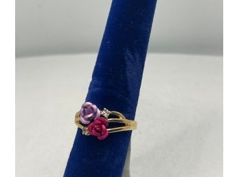 14kt GP Sterling Silver CZ Diamond With Tinted Pink & Purple Roses Size 9 Ring