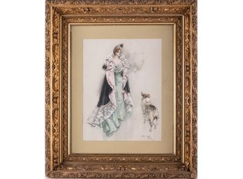 Vintage Art Deco Lithograph On Paper 'Lady And The Dog'